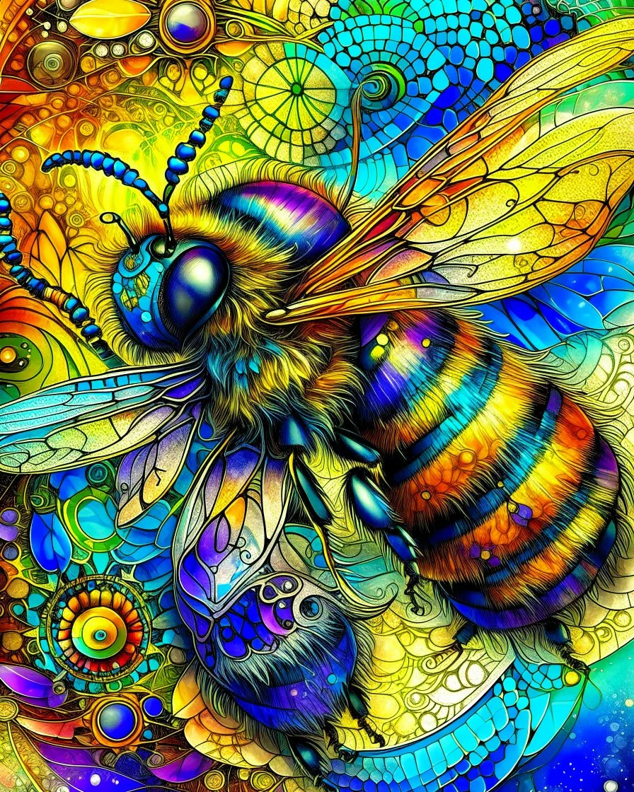 Fantasy Art Nouveau Watercolor close up macro of a bumblebee. bright vivid pretty colours. some purples. steampunk