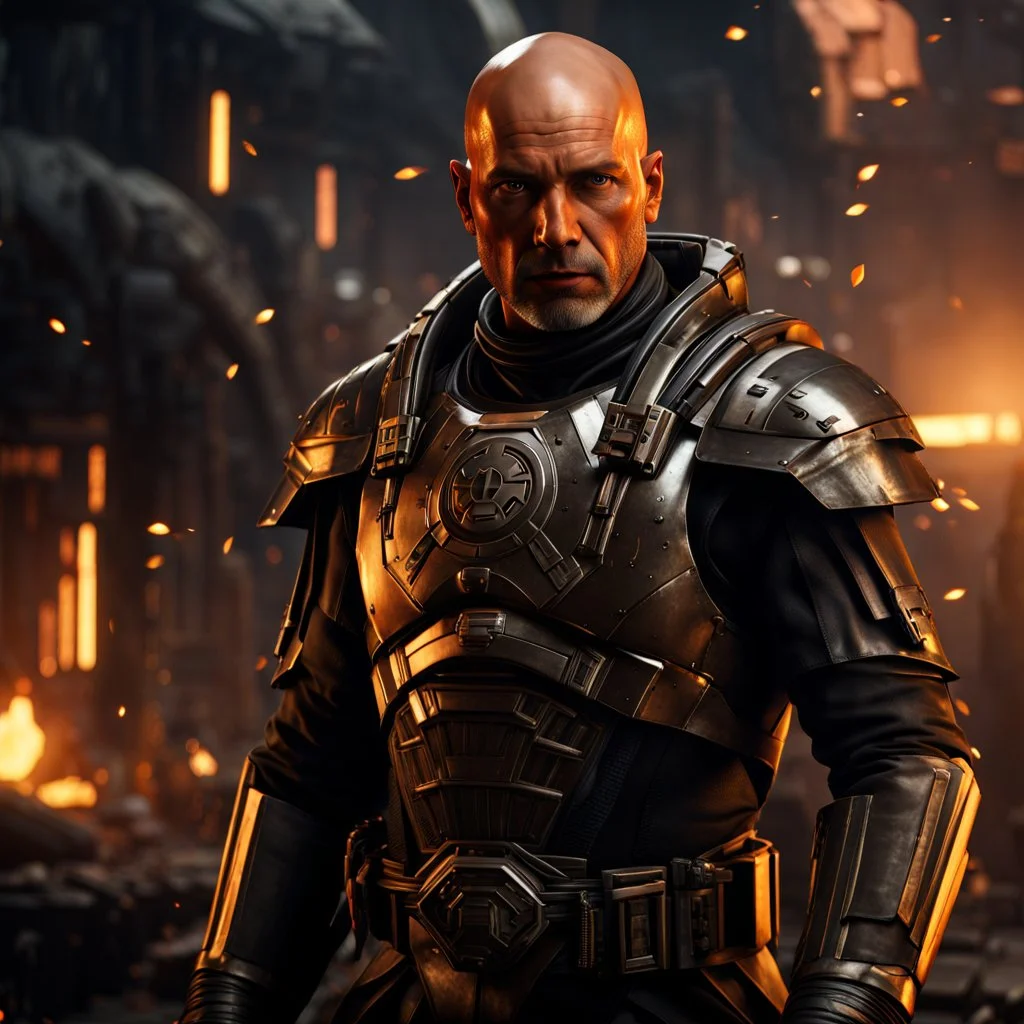 star wars bald male corellian pilot wearing pearlescent black and gunmetal grey First Order special forces heavy assault stealth commando armor and helmet with gold trim inside the jedi temple, hyperdetailed, dynamic lighting, hyperdetailed background, 8k resolution, volumetric lighting, light skin, fully symmetric details