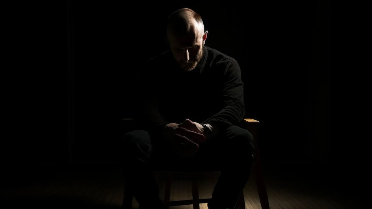 في الصورة، يظهر رجل جالس على كرسي في غرفة مظلمة. وجهه غير واضح، لكن يمكن رؤية عينيه مغمضتين. الرجل يرتدي ملابس سوداء، ويبدو أنه في حالة من الهدوء والتأمل.