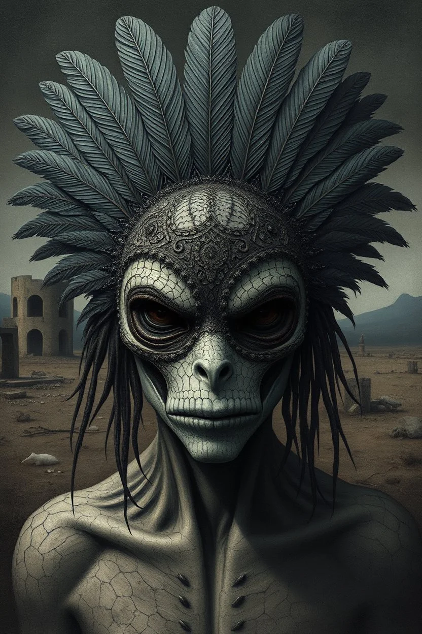 An surreal stunning image of a crepy ritualistic Feathered Mask-face mutant witd dark eyes, pale skin, on creature, with dark muted tones, a grim and weird atmosphere, textured impasto-like effect with ink, intricate details, surreal vibe, expressive focusing, muted tones, gradients, thriller and utopistic mood, in background barren landscape, ruins, dark shadows