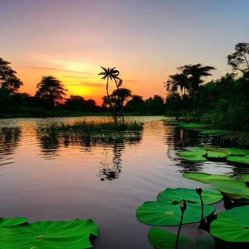 lotus jungle lake at sunset