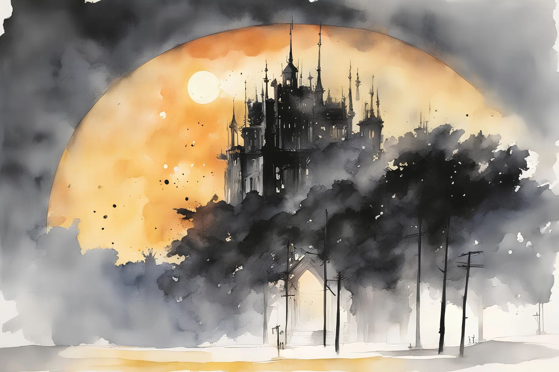 Bright sun rise A royal throne, casting a warm glow, create in inkwash and watercolor, art style of Olivier Coipel, Mike Mignola, Bill Sienkiewicz