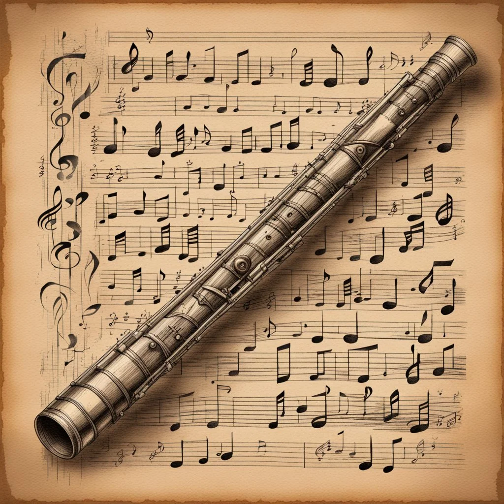 Hyper Realistic Sketch Of Folk Musical Like Flute On a Vintage Paper with musical-notes drawn.