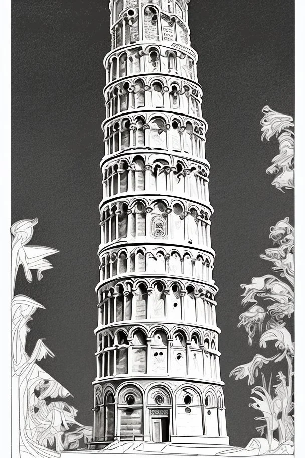 coloring book page of leaning tower of pisa