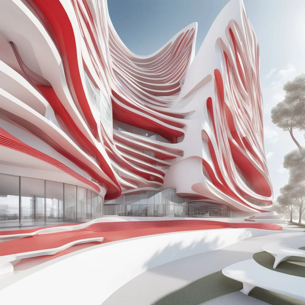 Imágen de arte lineal de una urbanización de casas, estilo Zaha Hadid, calidad ultra, hiperdetallado, 8k, color rojo y blanco