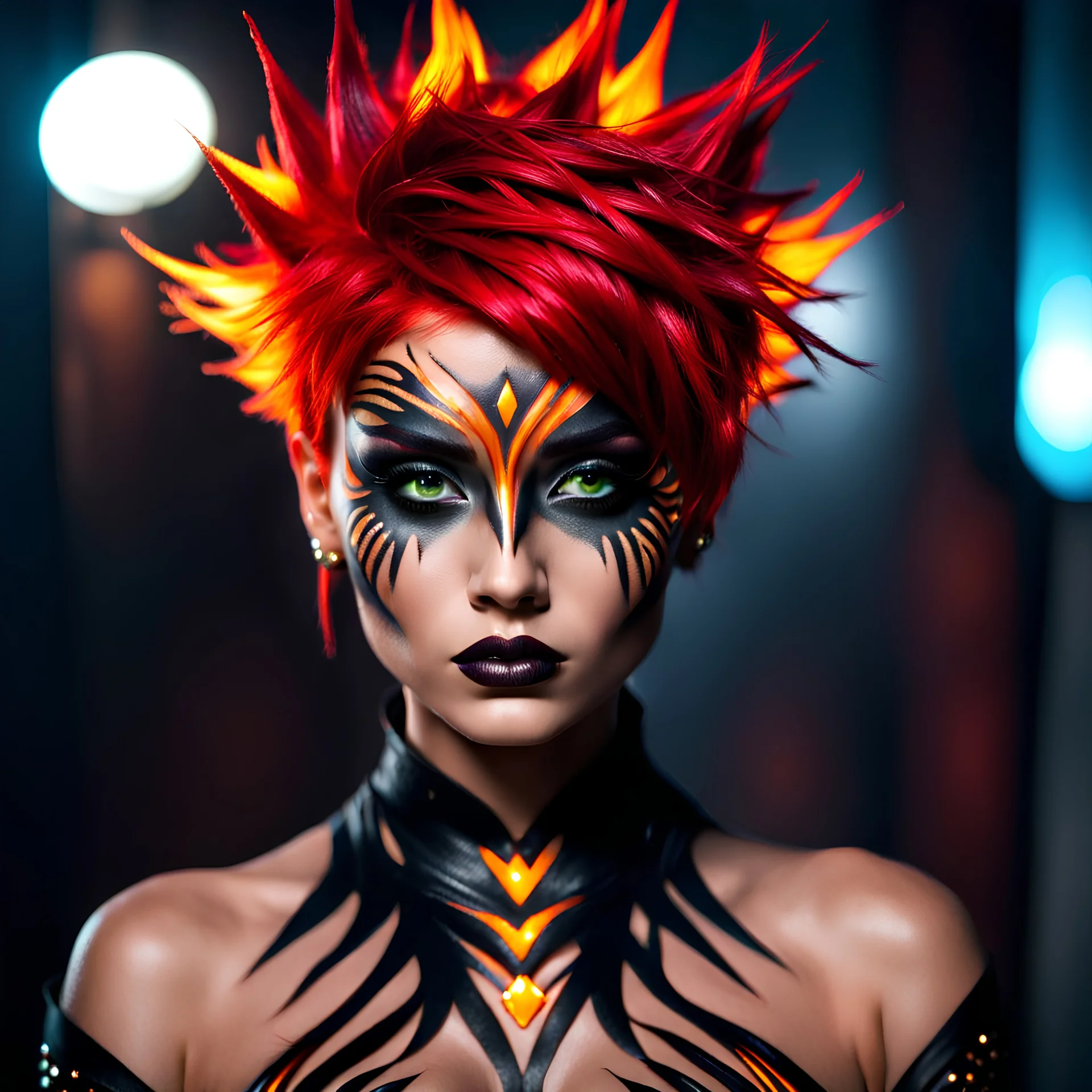 Futuristic red-haired Latina fire sorceress, emo short spiky haircut, Hollywood's hottest racks, dark eyeshadow, alluring sensual and mysterious, wild facepaint