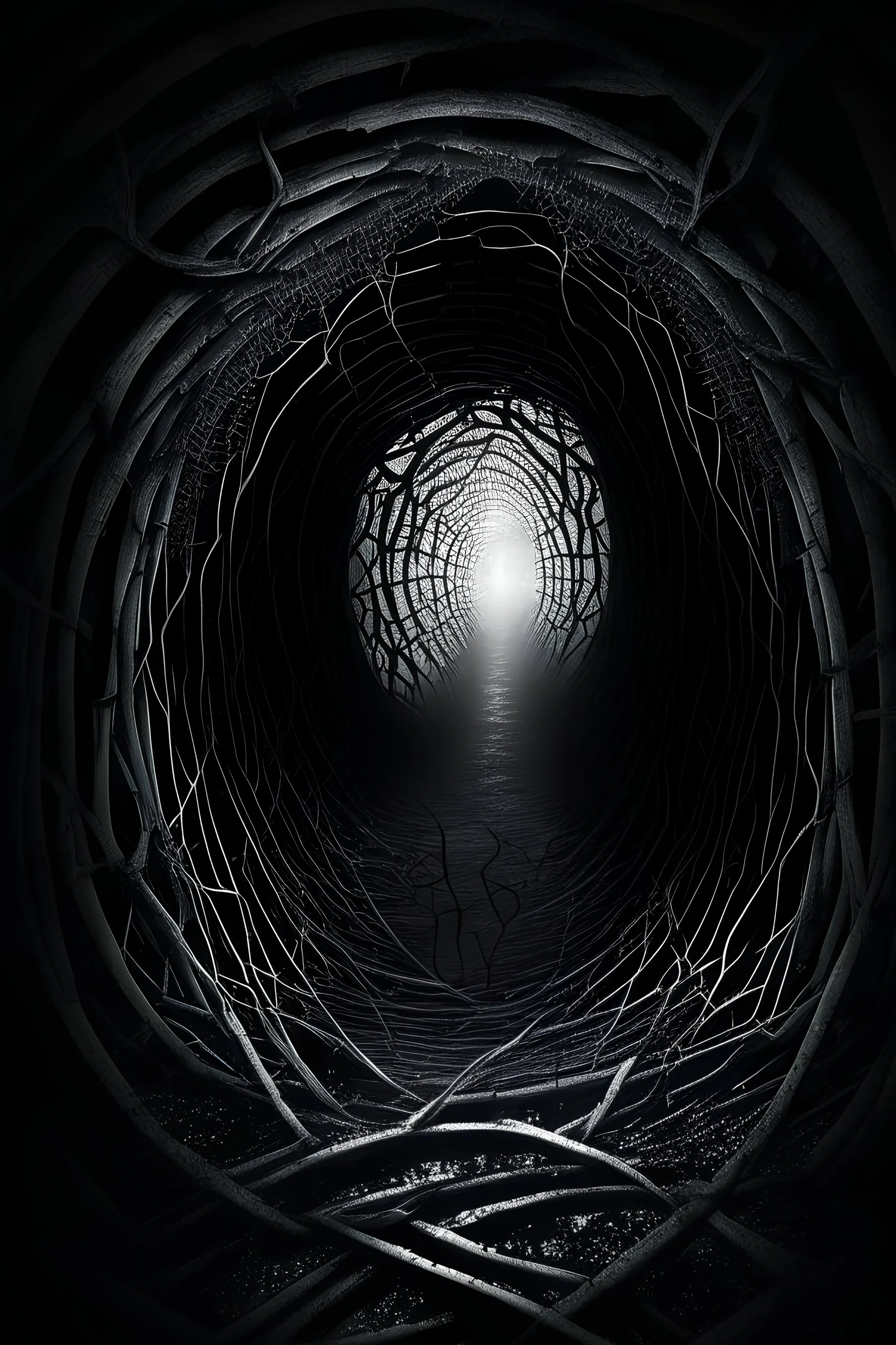 a black tunnel with cobwebs underground small