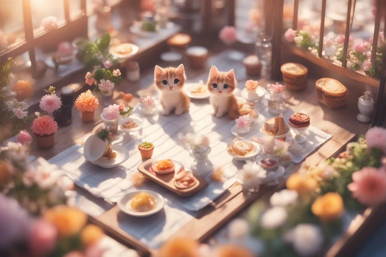 top view of a miniature restaurant scene with cute chibi anime kitten guests and waiters, meal, flowers S<AI in sunshine, photorealistic, 3D, ethereal, cinematic postprocessing, bokeh, dof