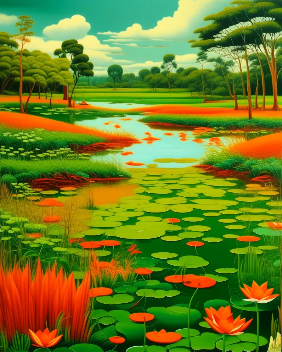 Green wetlands with fiery orange lilies painted by Edward Hicks