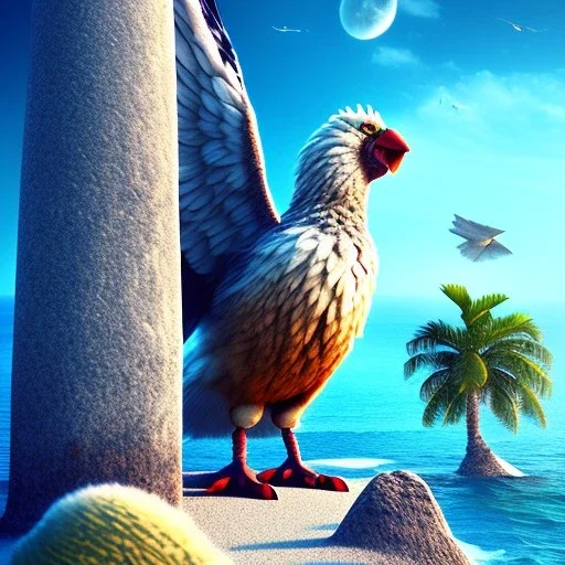 big fluffy bird, close up on holy diver, beach, stone pillars, movie poster, fantasy