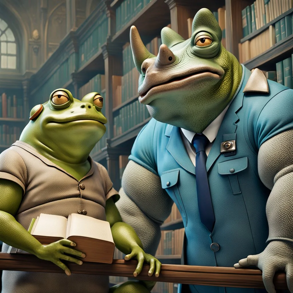 close up photo from a big and fat yellow-green color anthropomorphic frog in simple human clothes talking with a gray strong anthropomorphic rhinoceros without horns in blue modern security guard clothes, they talking and elbowing on an old wooden railing next to each other, in background a bibliothek with tall book shelves, detailed sci-fi, fantasy mood