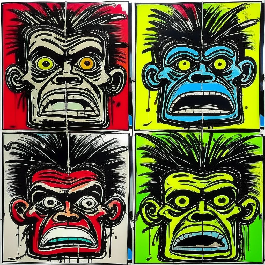 4 angry monkey face, by Jean-Michel Basquiat and Andy Warhol, acrylic painting