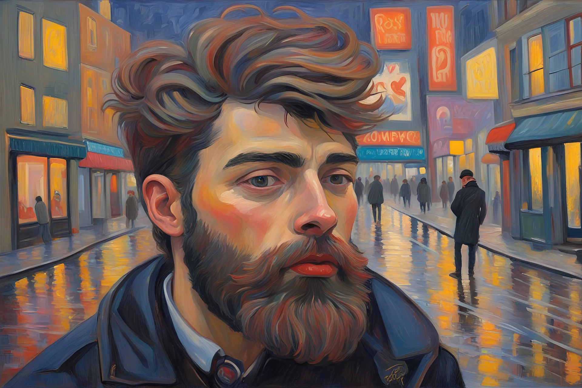 Gabriele Munter oil painting a dreaming young beard punk guy in the 80's in piccadilly neon lights during rainy day oil painting, by anna Pugh oil painting