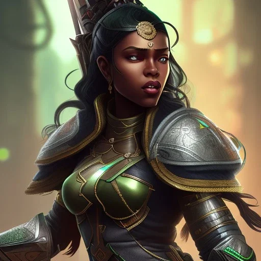 fantasy setting, insanely detailed, dark-skinned woman, indian, black and green hair, warrior, mage