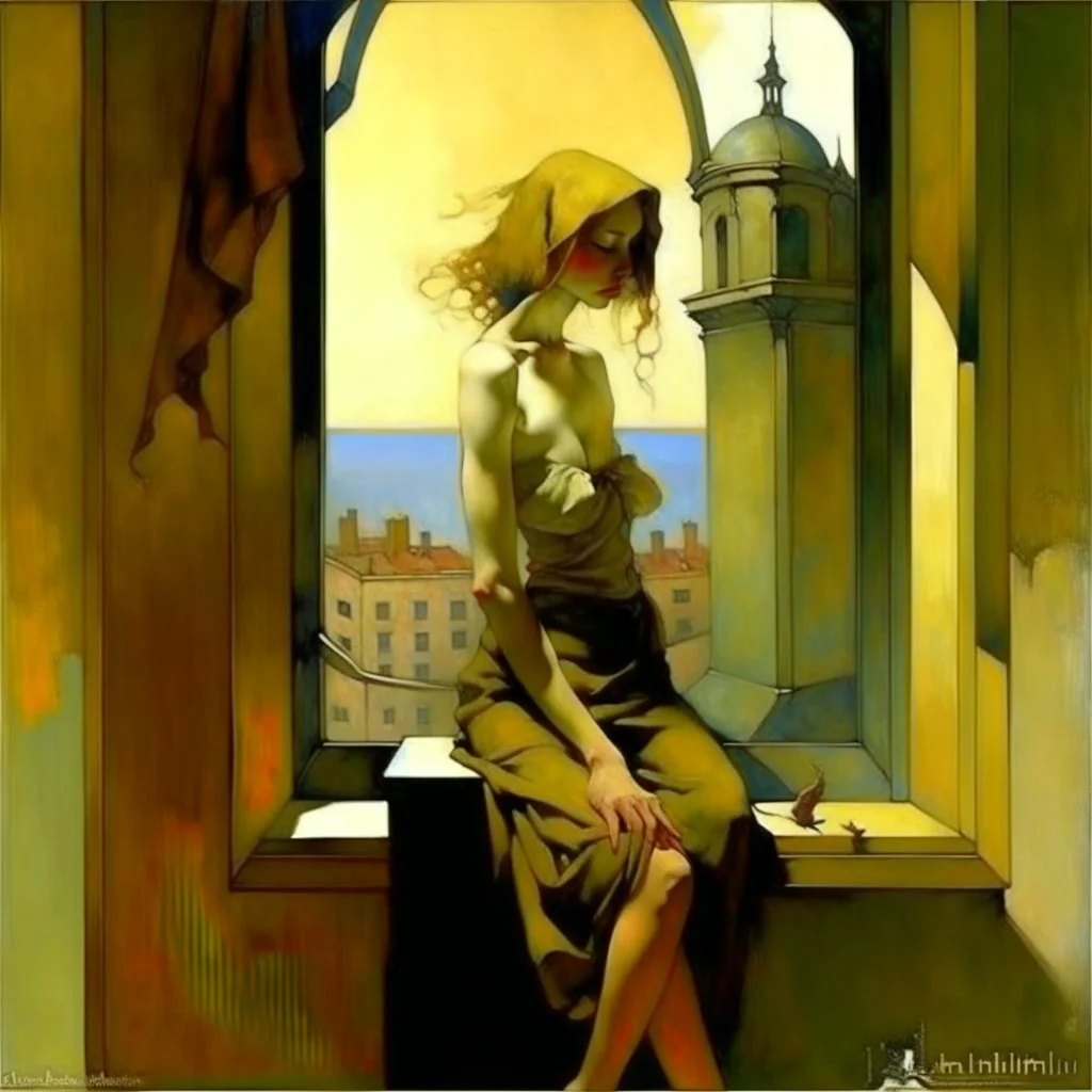 window, Alex Maleev, Leonor Fini, Yves Tanguy, Alphonse Mucha