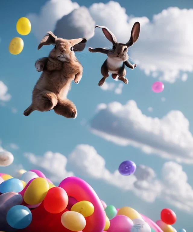 Ultra realistic speed clouds sky scene, wide angle view, childs falling down with many Childs background, rabbit head, inflatable monsters, circus dress style, feather color, free jumping flying, many trinkets, hair monster, many jelly beans, balls, color smoke, smile, happy, extreme, wind, clouds sea, 20,000 feet altitude, stratosphere, soft color, highly detailed, unreal engine 5, ray tracing, RTX, lumen lighting, ultra detail, volumetric lighting, 3d, finely drawn, high definition.