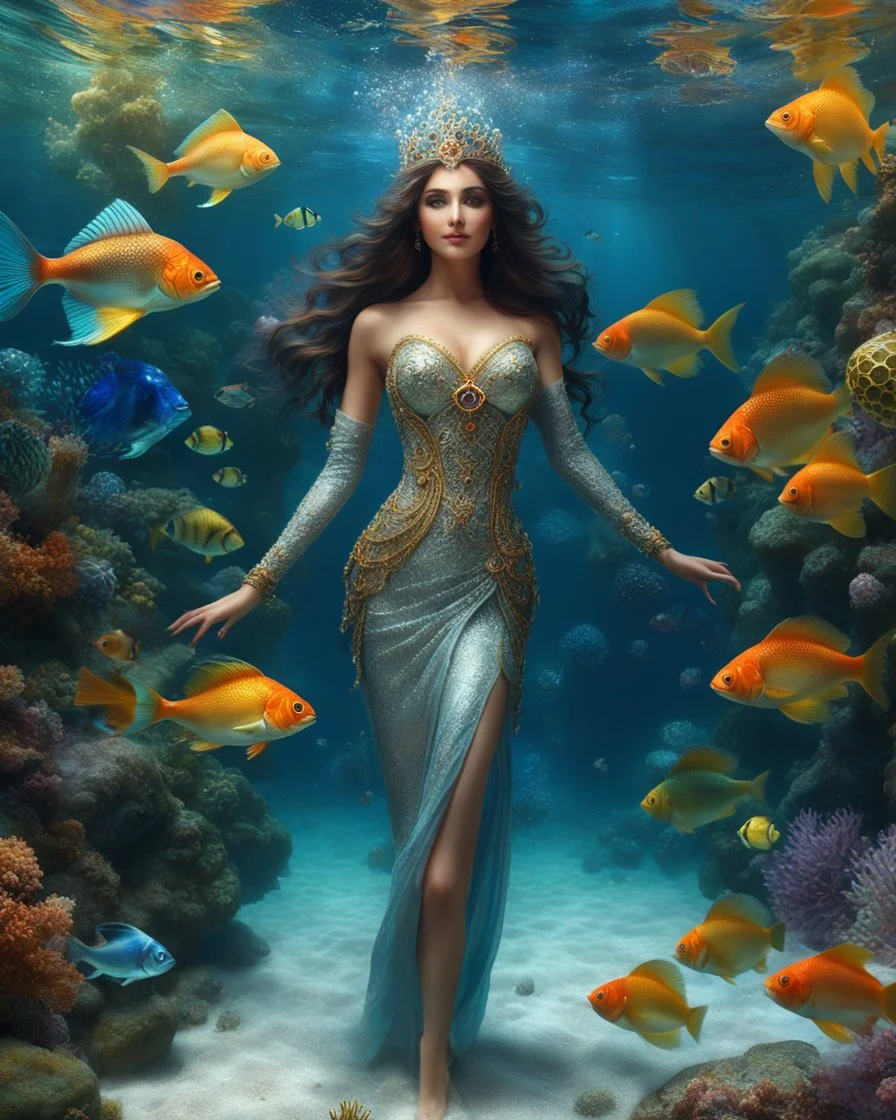 Fullbody excellent pose gorgeous photography art realistic,cinematic realistic colors,soft blur ,natural beauty, of young woman, smiling, beautiful, shiny grey eyes, make up,Queen Persian style, shiny baubles, ornate, large gemstones, shiny molten metalics, shiny wire filigree, brown hair, high definition, Walk in underwater scene teeming with colorful fish nemo, many full fishes swim, and gentle sea turtle