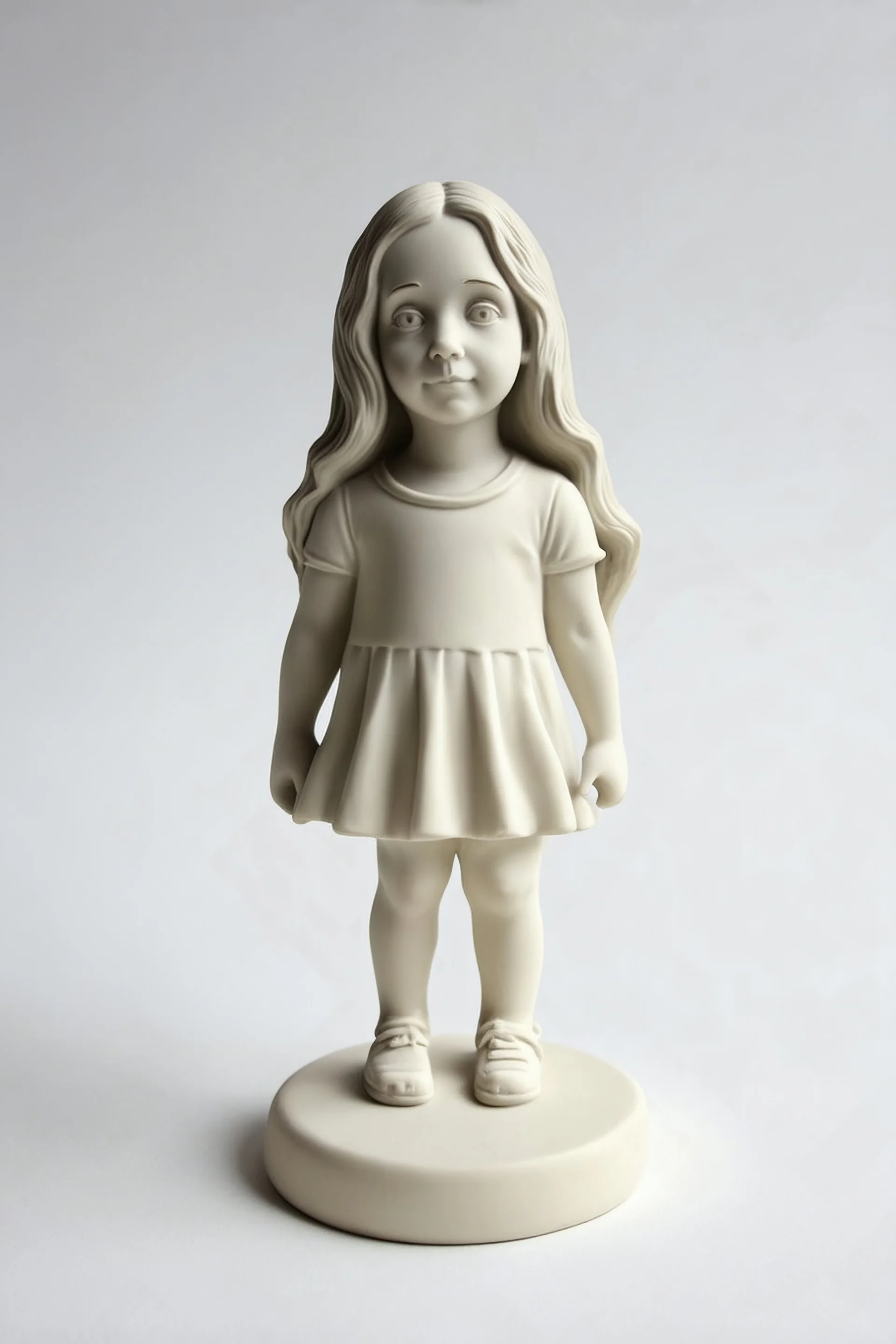 Sculpture en gomme, petite fille aux cheveux longs, fond blanc