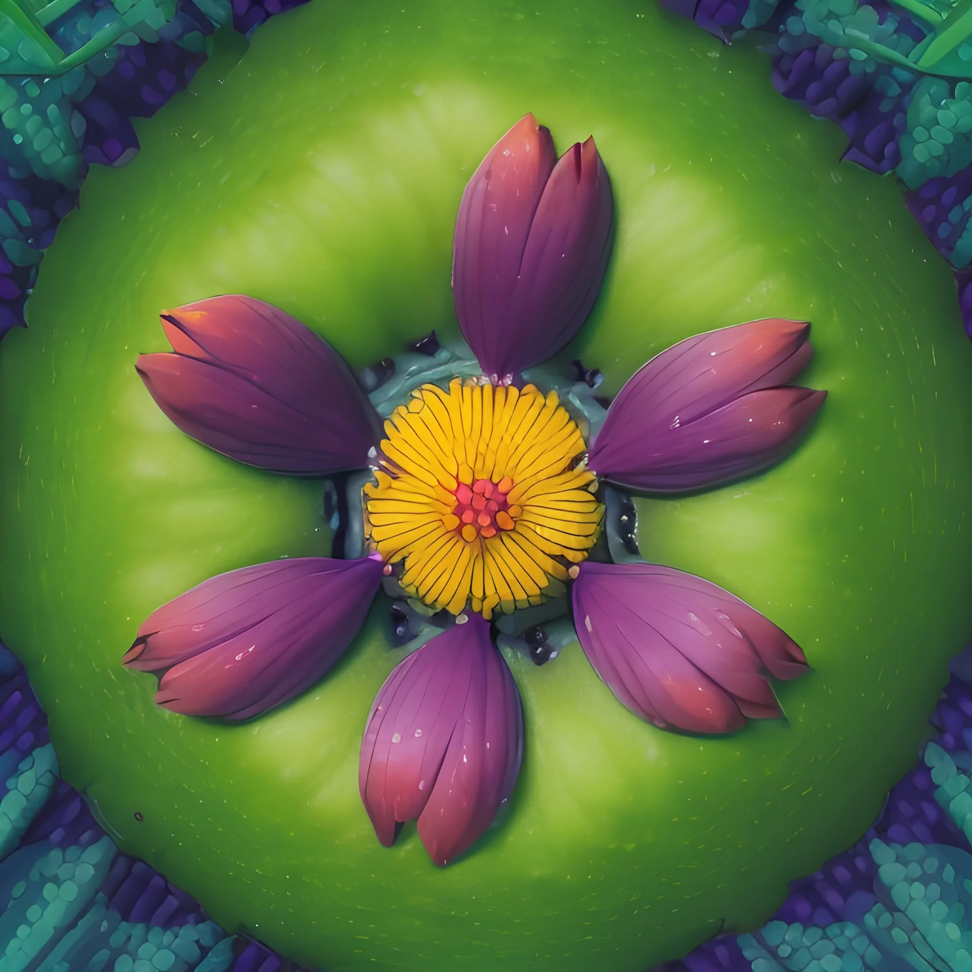 microphotography top-down view of a single flower, one flower, high definition, detail, HD, 8k, realistic, 3d rendering, blender, photography, fisheye, bulge, bokeh microbiology, intricate, detailed, blues, reds, yellows, greens, purples, oranges, indigos