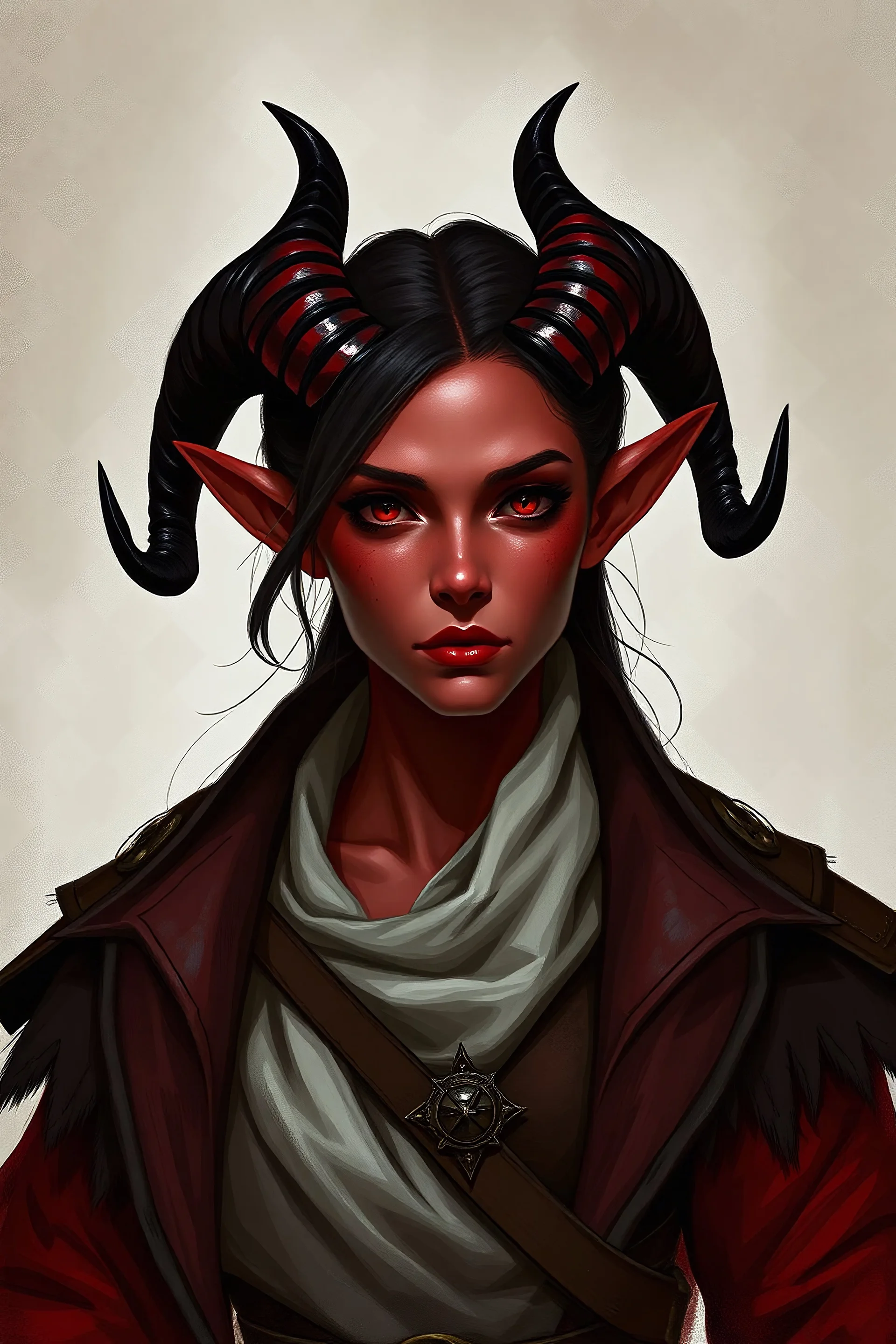 a dungeons and dragons character portrait. an adult female Tiefling with red skin and black horns, bard named Ellie. Give her a diplomat style look