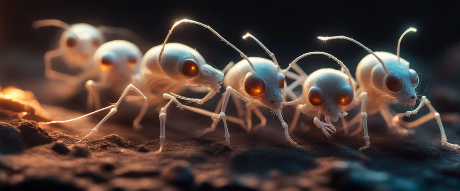 close up on glowing transparent ant skeleton rat babies, raised by ninja necromancer in the wild