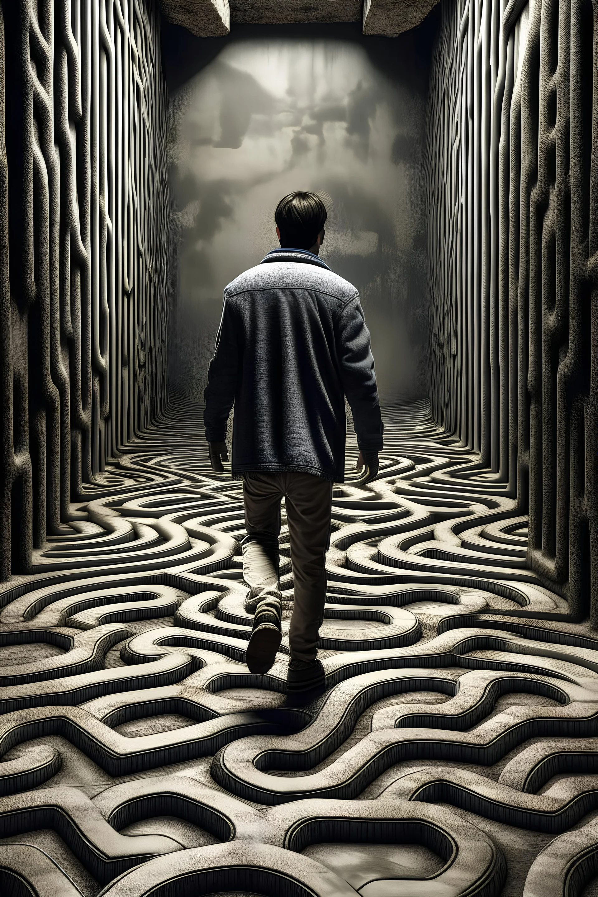 A man walking in a deep labyrinth with no face