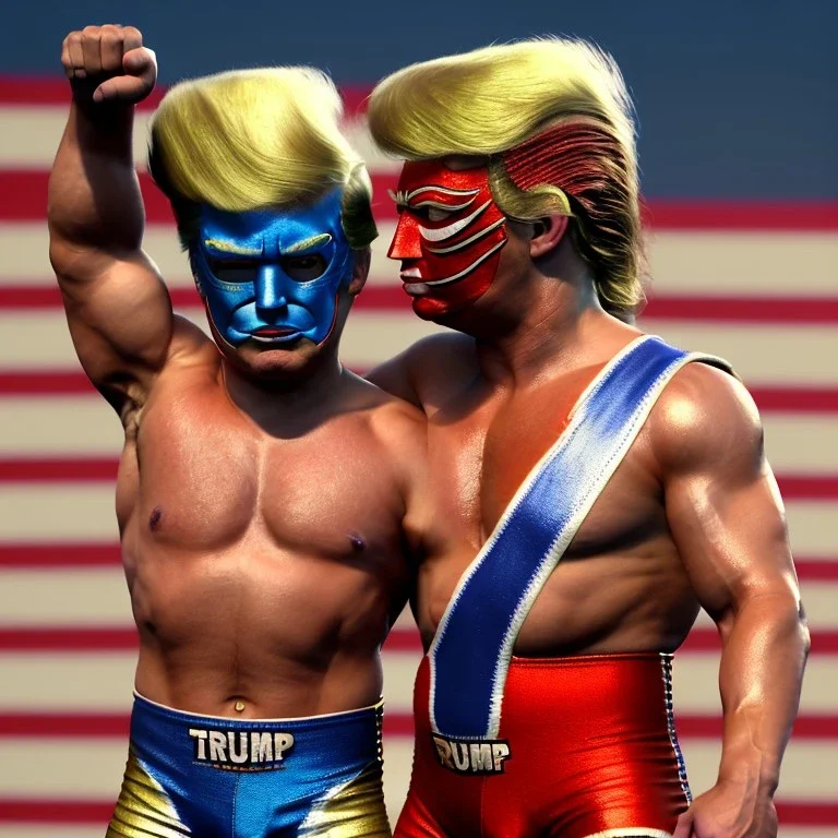 Realistic image of Donald trump wrestler, Mexican wrestling style, Mexican wrestling mask for eyes, red and blue breeches, glow us flag dress, suspenders, retro style, 80s, vibrant color, highly detailed, sky background, concept art, unreal engine 5, god rays, ray tracing, RTX, lumen lighting, ultra detail, volumetric lighting, 3d, finely drawn, high definition, high resolution.