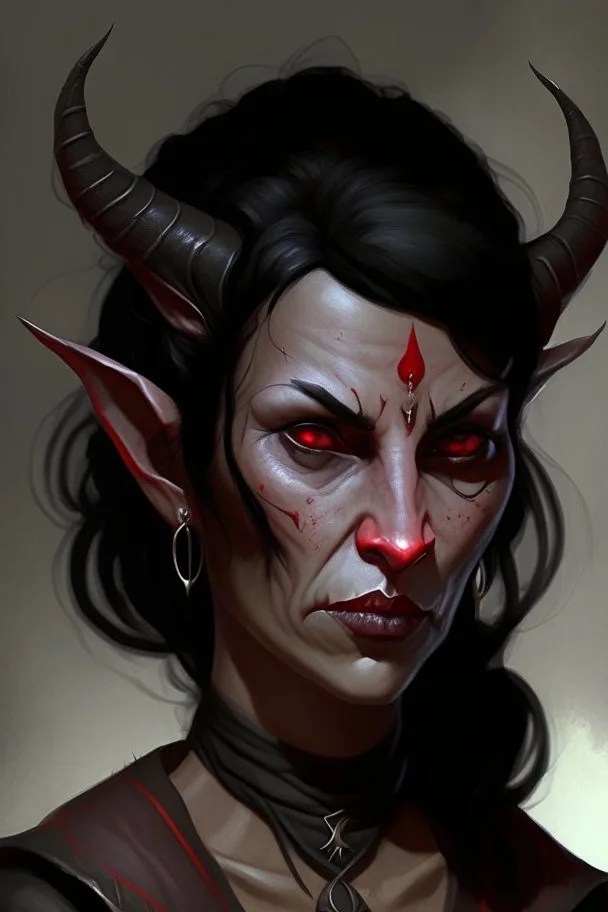 A kind looking tiefling woman in her 40s. She is motherly, with black hair and red eyes. She has scars and wears black