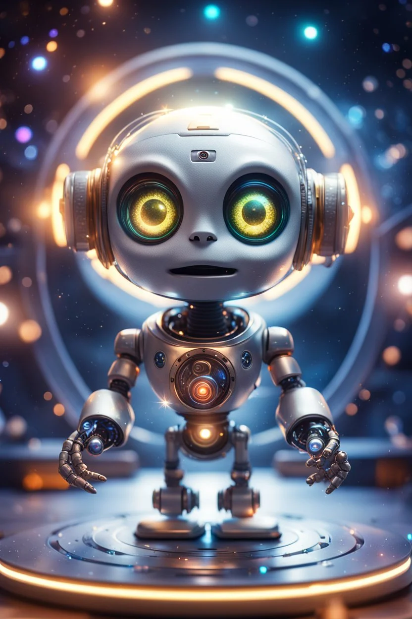 Robot hypnosis survivor at 1hit.no,book cover illustration, portrait of ultimate transcendent happy chat gremlin space with spotlights, in front of space portal dimensional glittering device, bokeh like f/0.8, tilt-shift lens 8k, high detail, smooth render, down-light, unreal engine, prize winning