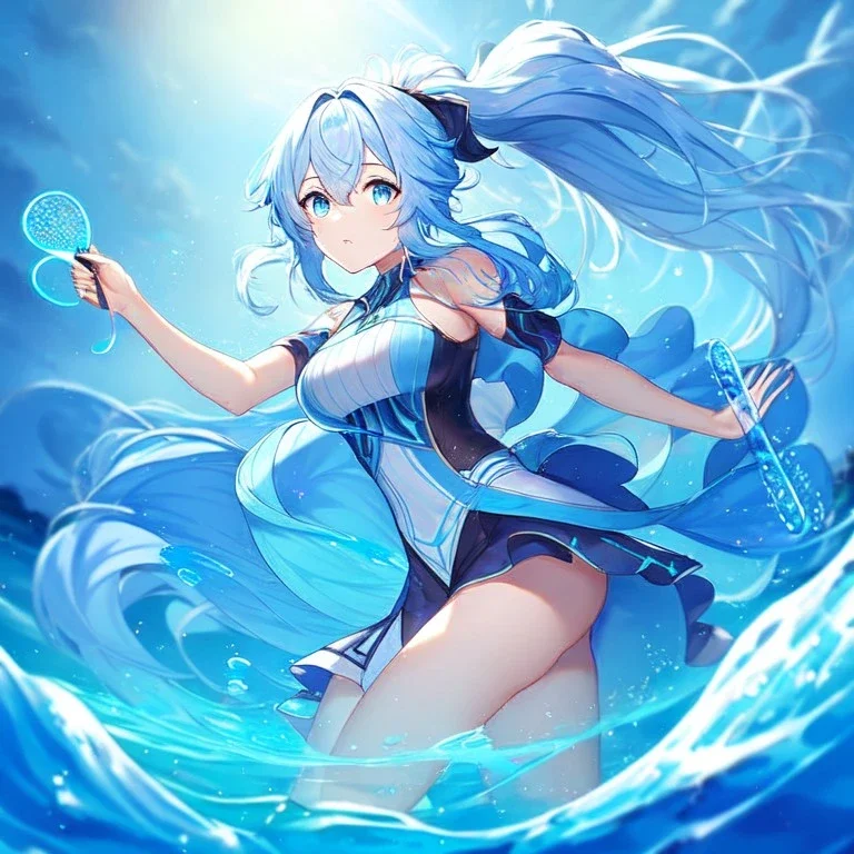 girl, masterpiece, best quality, volumetric lighting, dynamic pose, detailed outfit, perfect eyes, light blue hair, blue eyes, messy hair, long hair, hair in between the eyes, water magic, ponytail,