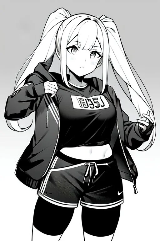 blonde girl with ponytails dressed in a jacket and shorts walks briskly, greyscale