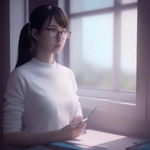 female student studying by the window, anime style, full body, cool face, unreal engine 5, cinema4d, sun light, studio lighting --ar 1:1 --v 4