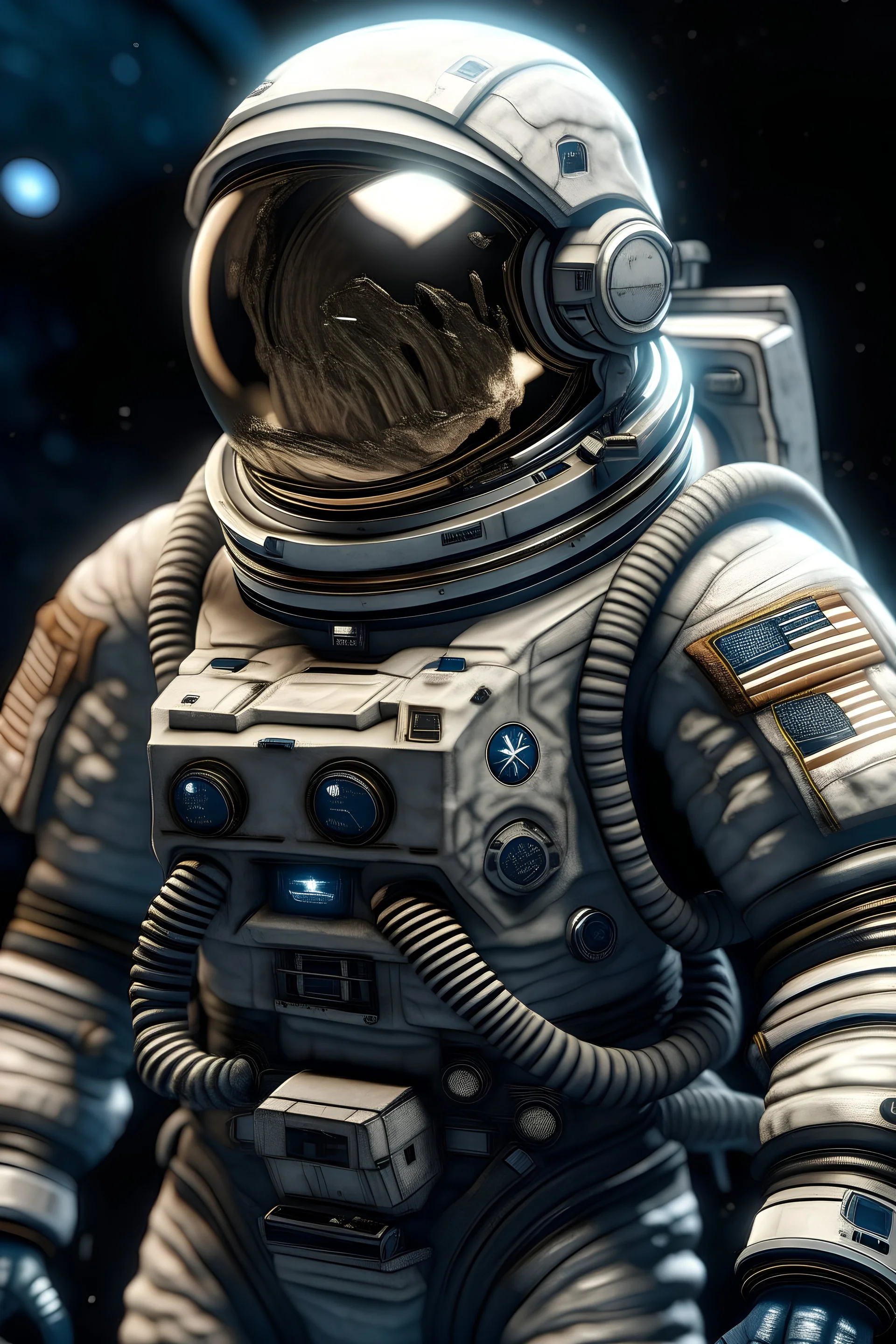 An astronaut stays on a surface of an unhabitable planet. He has a patch with a steel hawk on his arm near shoulder.