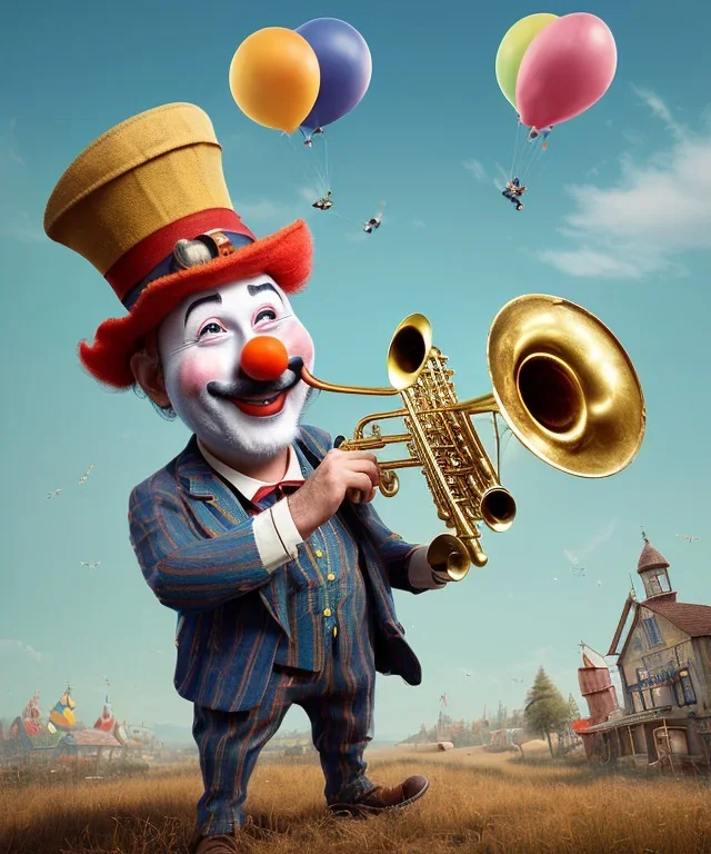 happy and funny old friendly clown with round head and trimmed beard playing jazz with a steampunk theme, trumpet on mouth, paintbrush and aisle, carnival, dreamy