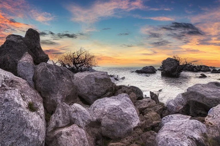 Rocks, sunset, branches