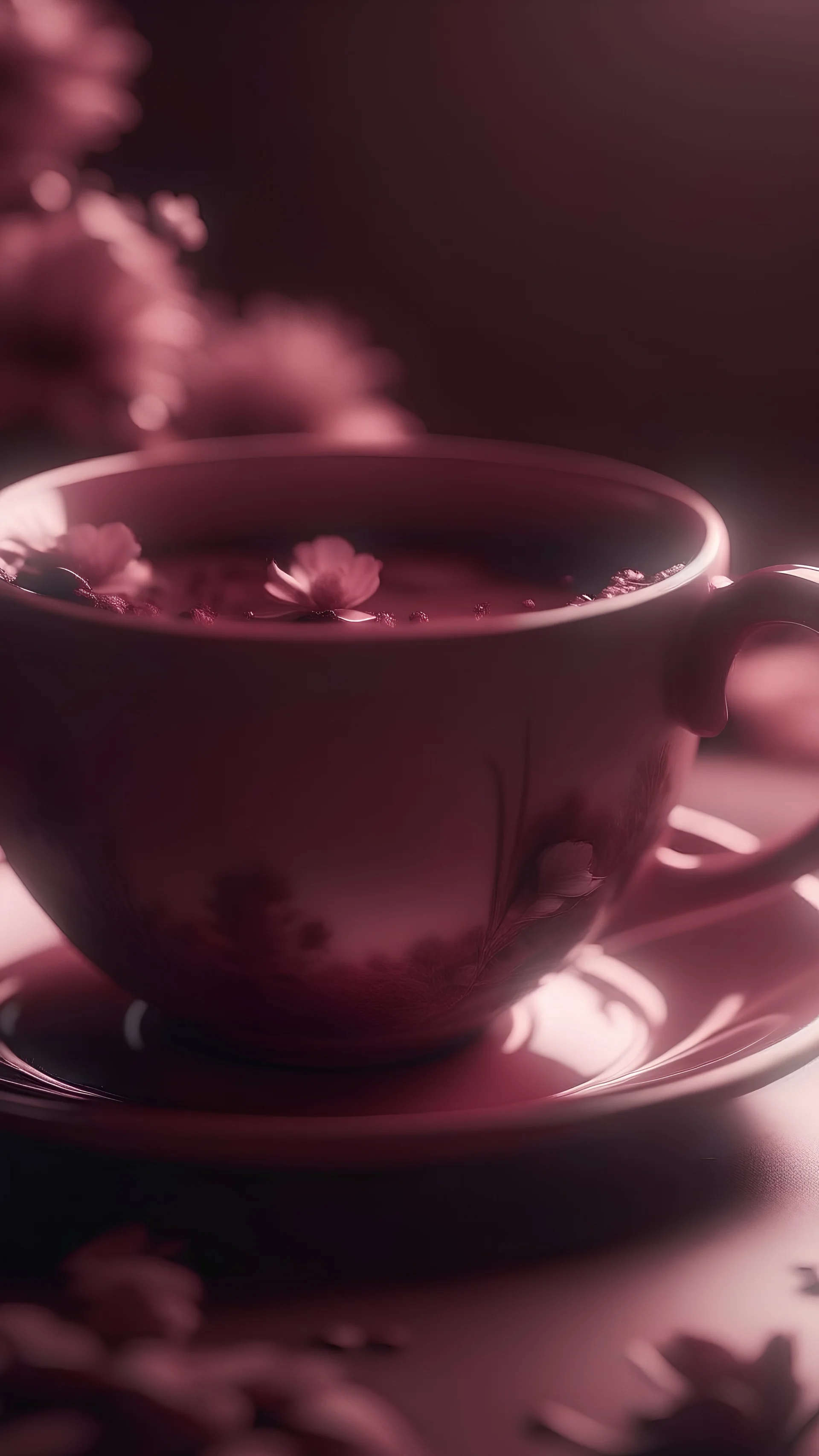 a cup of tea with a cup of flowers, in the style of light magenta and brown, monochromatic masterpieces, 32k uhd, refined aesthetic sensibility, soft yet vibrant, caffenol developing, barbiecore —ar 10:13 —s 750