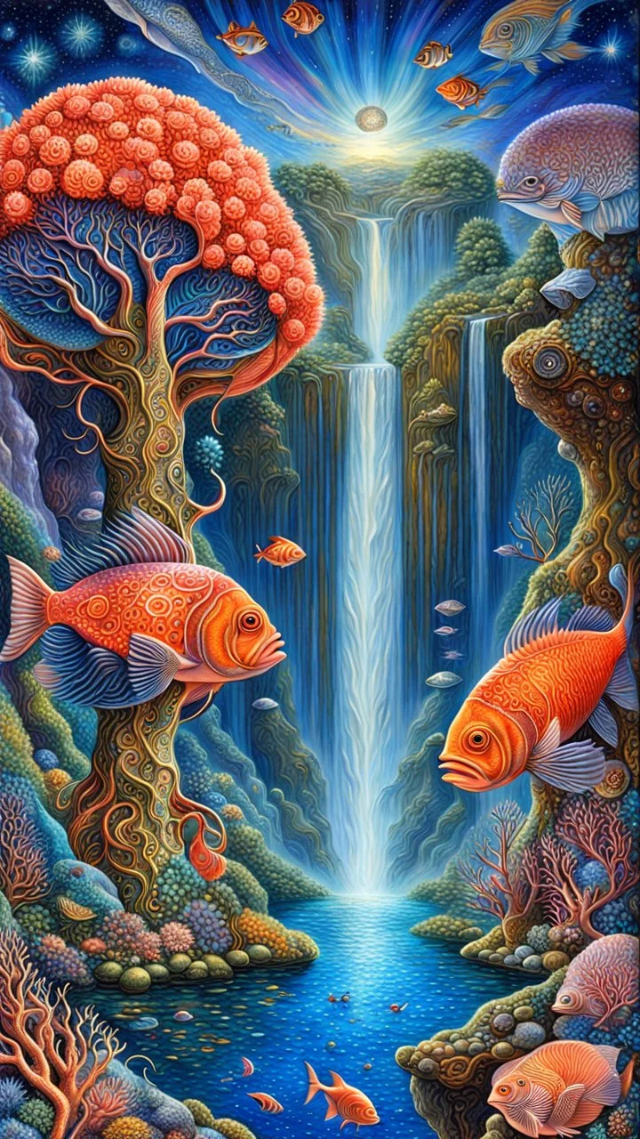 An Trees, waterfalls, and imaginative landscapes. Underwater lake fish. Coral. The sky is decorated with stars and sky waterfalls fantasy, perfect anatomy, fantasy, vibrant digital art professional award winning masterpiece, oil on canvas Atmospheric extremely detailed Josephine Wall