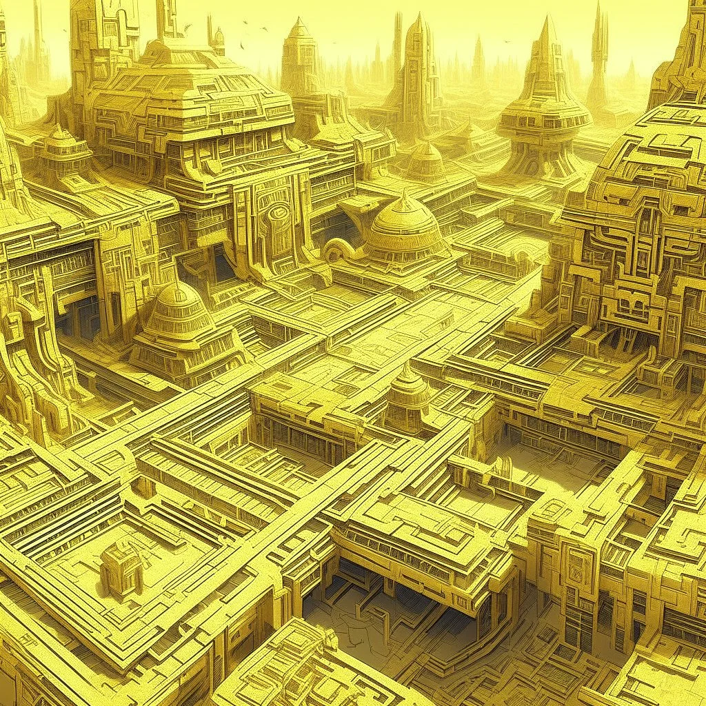 A light yellow cybernetic metropolis designed in ancient Egyptian hieroglyphics painted by Zhang Lu