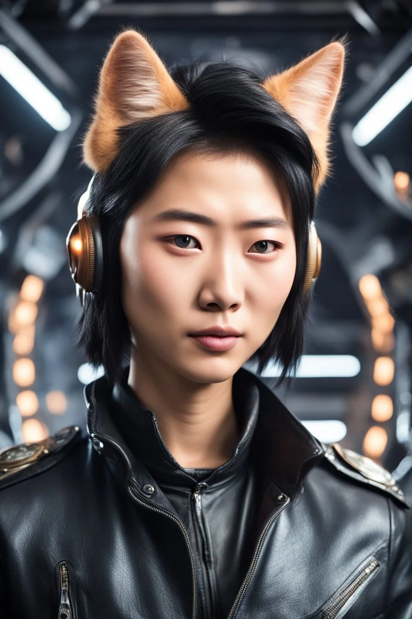 Make Asian Actor with cat ears in a leather jacket, on a spaceship deck