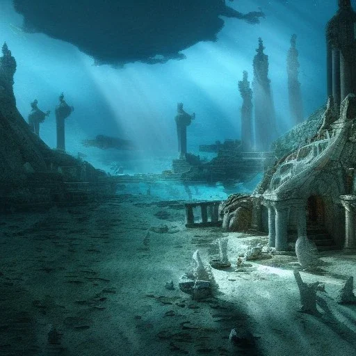 lost underwater city, Poseidon, highly detailed, cinematic, ultra photorealistic, ultra realistic, volumetric lighting, sun shafts, spectral, 4k, 8k, fish swimming around