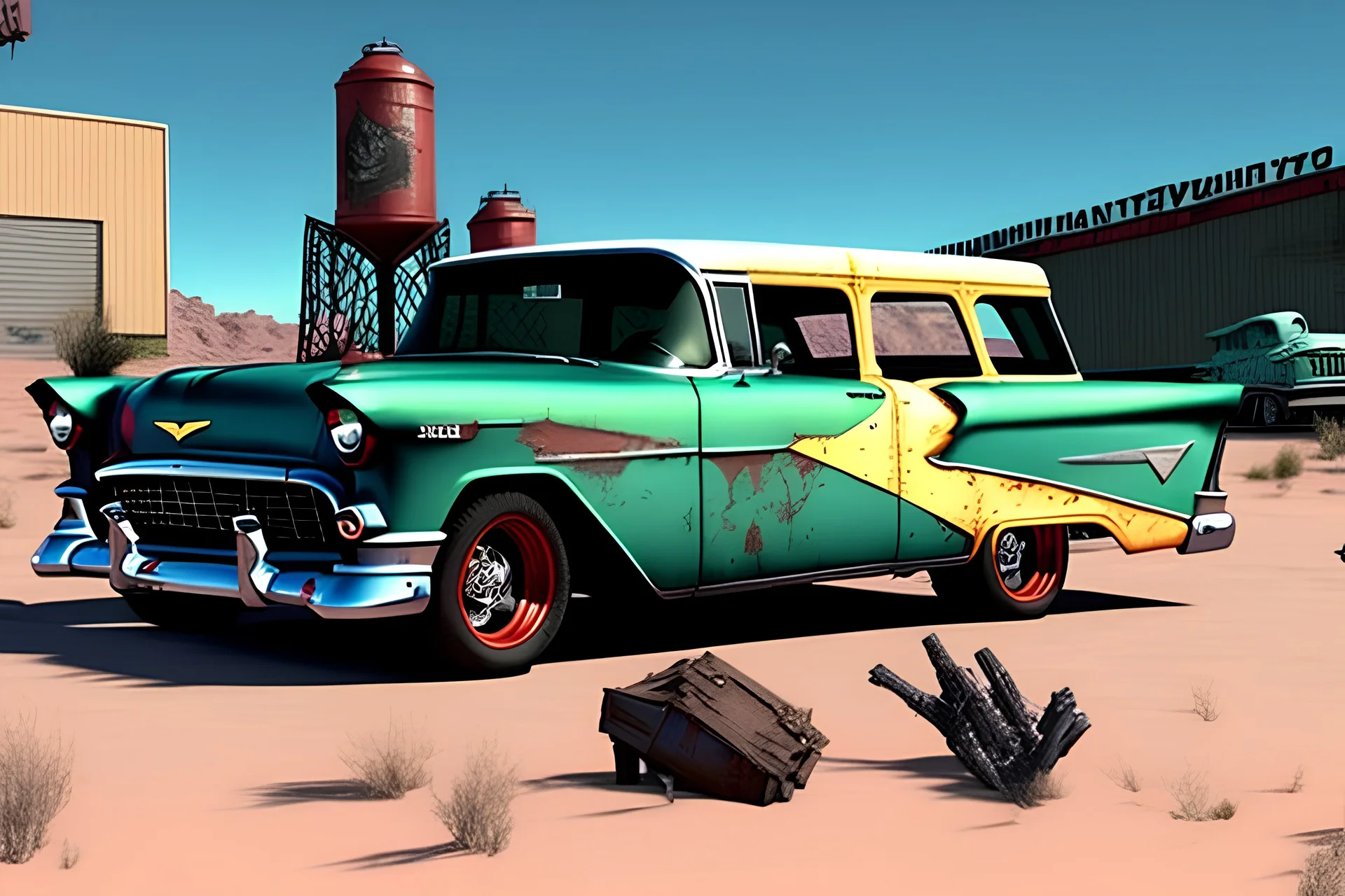 chevypunk, fallout style, volumetric industrial buildings environment and background, close-up rendering of a custom 1955 chevrolet nomad wagon, ratrod style, lowered, classic hotrod wheels, rustbucket, intricate details, 2001 sema car show winner, maya arnold render, centered view, small minutiae, mad max, tiny features, particulars, hires, uhd, realistic shaded volumetric lighting, ambient occlusion, backlight, centered camera, ground fog, sand dust, vdb clouds, muted colors