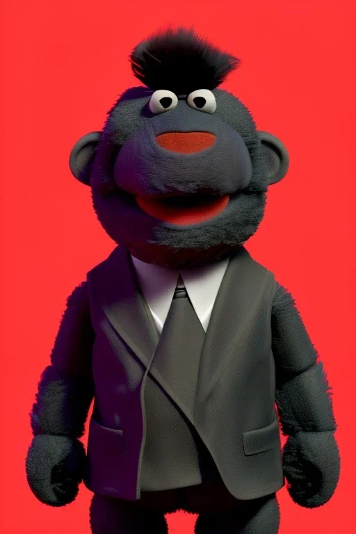 Waist up muppet Portrait, Kim Jong-un muppet doll, black suit, photo studio, red background, unreal engine 5, concept art, art station, god lights, ray tracing, RTX, lumen lighting, ultra detail, volumetric lighting, 3d.