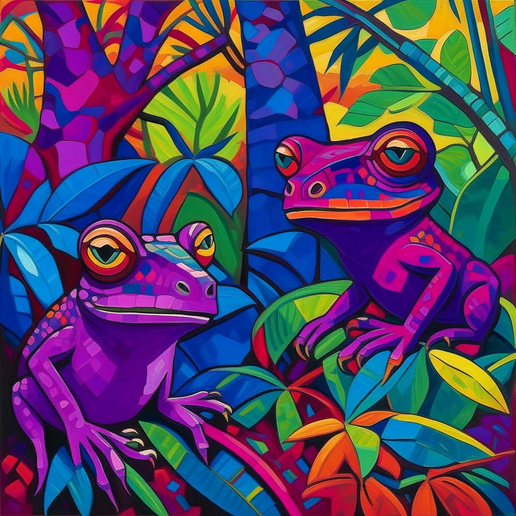 A purple jungle with acid coated chameleons designed in ancient Egyptian hieroglyphics painted by Alexej von Jawlensky