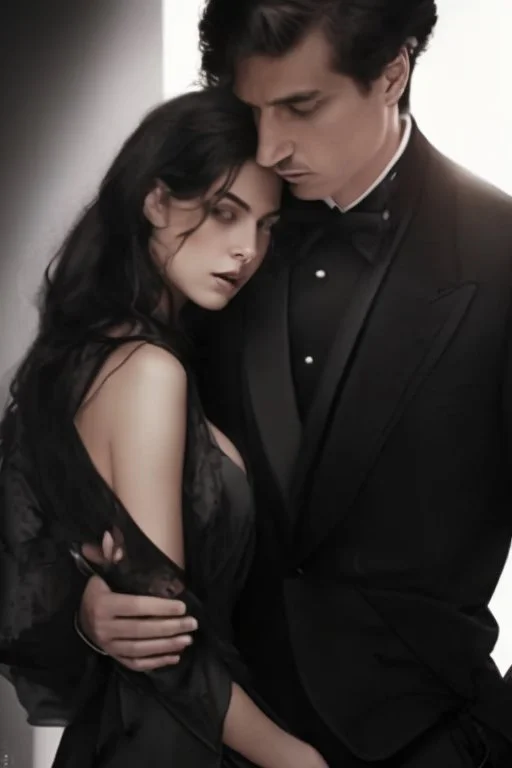 The cover features a stunning, hyper-realistic photograph with a sharp focus on the detailed attire of the mafia boss—a tailored suit exuding power and sophistication. Beside him stands the beautiful girl, her gradient lips and rosy cheeks captured in exquisite hyper-realism, their expressions evoking emotions of passion and depth. The white background accentuates the characters' striking appearances and the fine details of their outfits, creating an aesthetic contrast, anime aesthetic