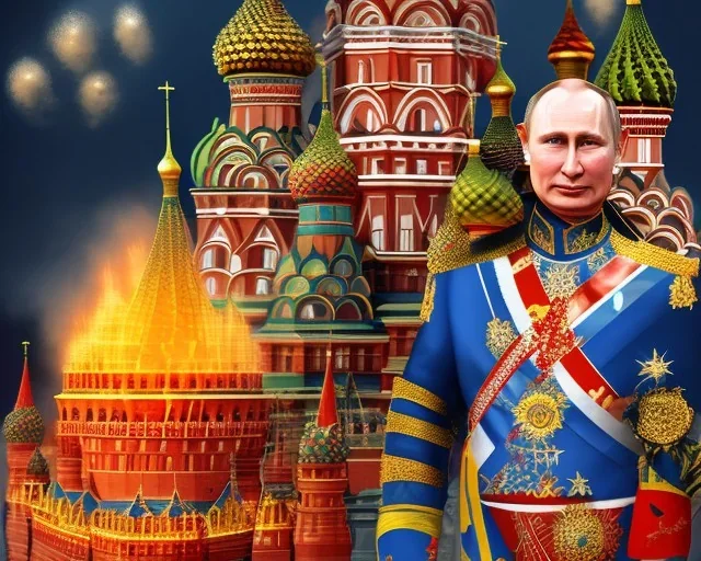 Russia president Vladimir Putin devil fangs and Moscow in fire with roket