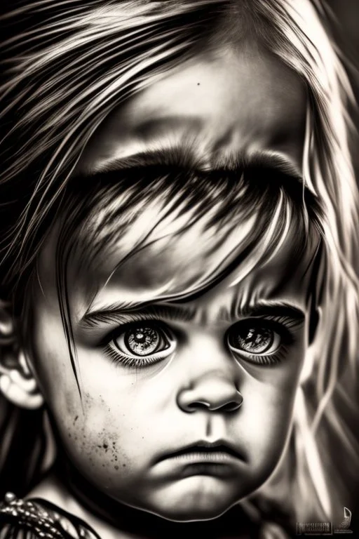 "(high resolution) (dramatic portrait), (little girl), (harsh light), ((up the nose:1.25)), (intense shadows), (contrasting tones), (close-up), (edgy expression), ((emphasized features)), striking eyes, (unique angle), (bold composition), (intense mood), ((contoured features)), (strong personality), (realistic skin texture), (professional photography), (edgy fashion), (creative makeup), ((intense gaze)), (fierce beauty), (sharp details), ((fashion model)), ((high cheekbones)), (intense highlight