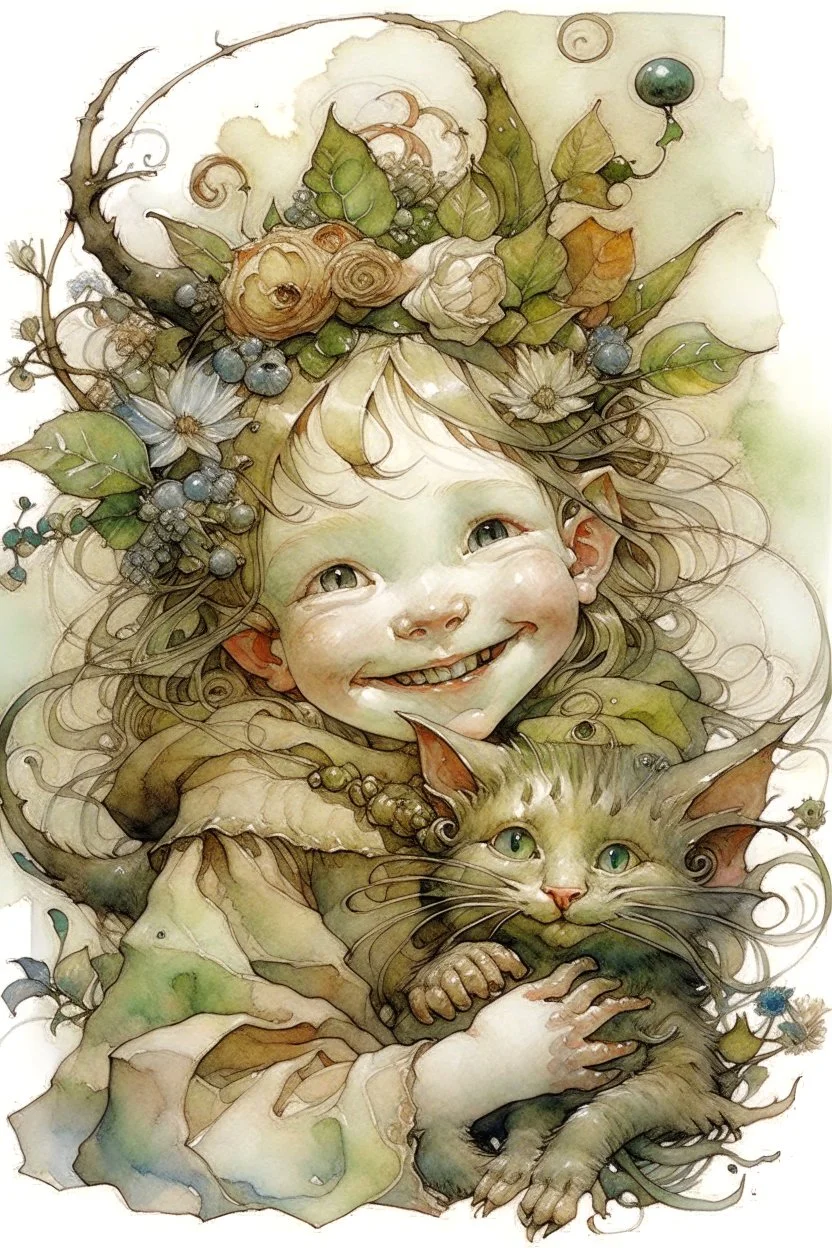 Artist Jean-Baptiste Monge style. A young toddler Elf child is smiling.pale skin.curly fine hair. round baby face. hugging her pet cat. her ears pointed. freckles across her nose and face. wreath of flowers in hair.