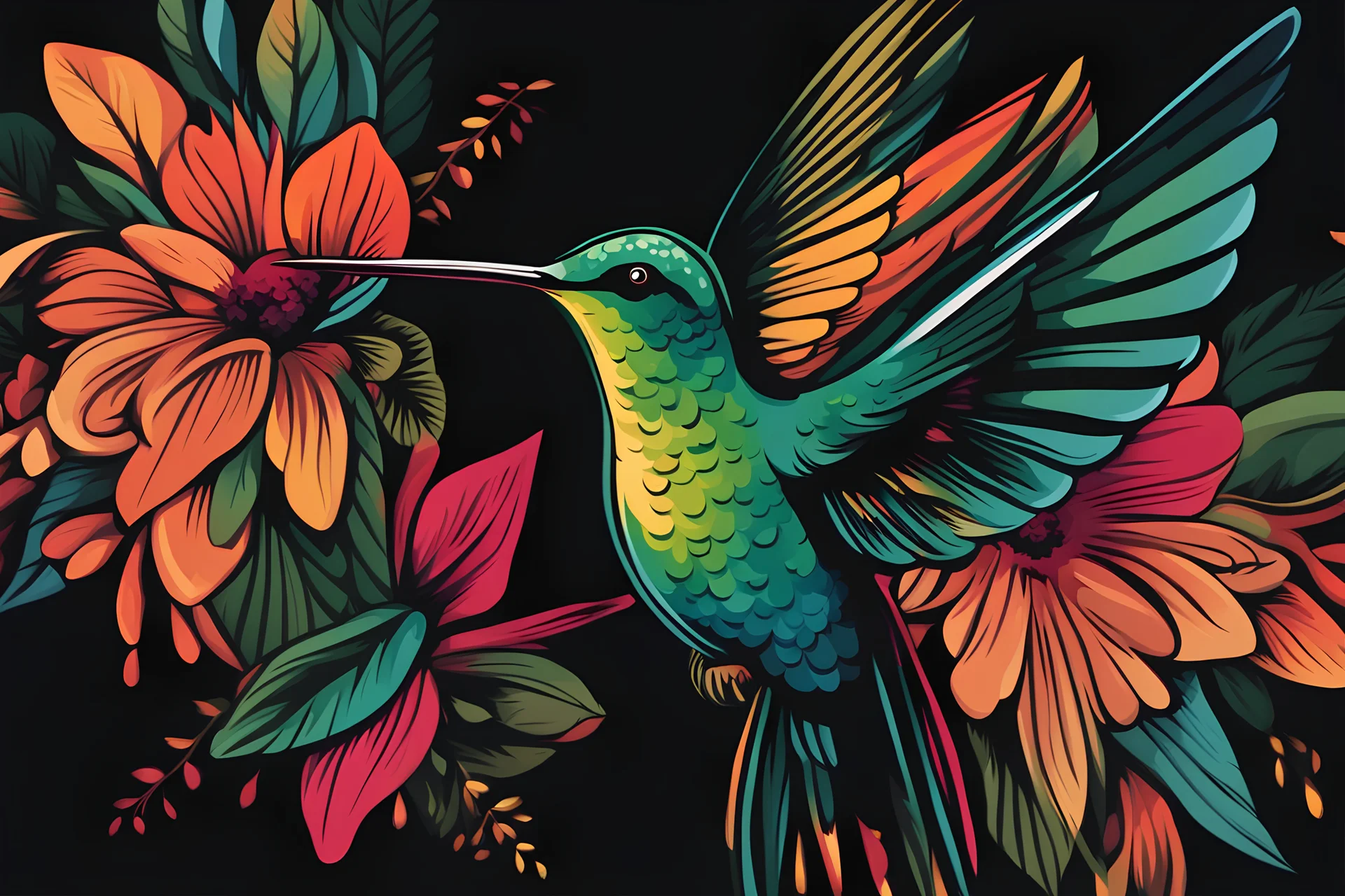 a painting of a hummingbird on a black background, a digital painting, by Jason Benjamin, shutterstock, colorful vector illustration, mixed media style illustration, epic full color illustration, mascot illustration