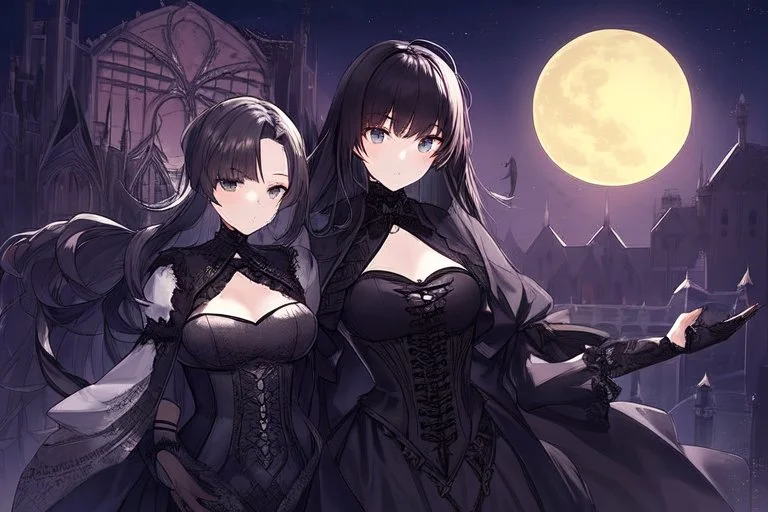 a simply cel shading background image of an gothic city in the night with a full moon , dawn sky