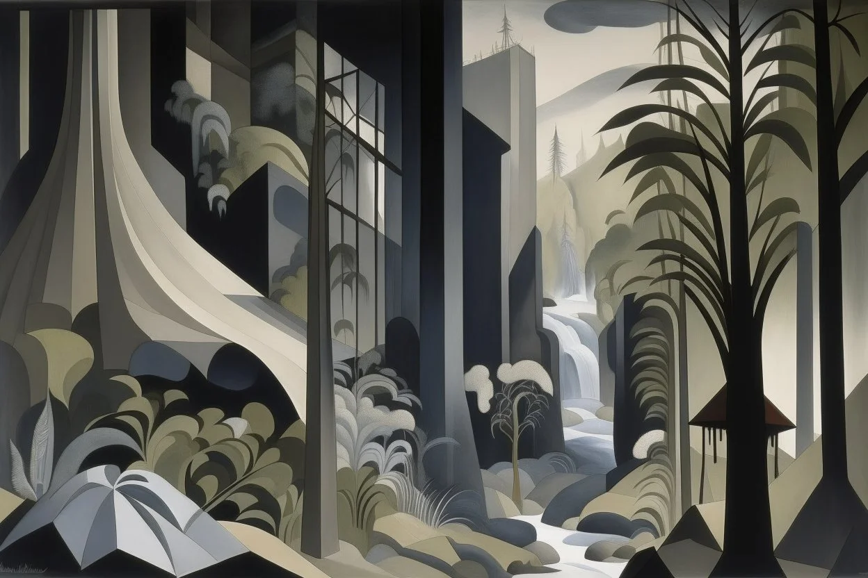 A dark gray jungle with a toxic river painted by Charles Demuth